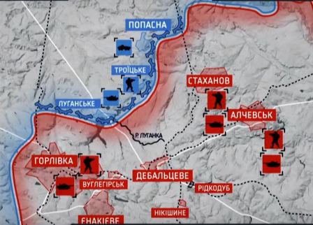 Карта расположения российских оккупационных войск и украинских войск после боёв под Дебальцево