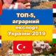 Аграрний експорт України, ТОП-5, 2019