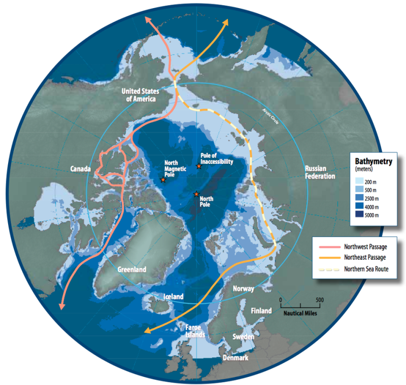 Карта Арктичного регіону, судноплавні маршрути Північно-Східний прохід , Північний морський шлях , Північно-Західний прохід