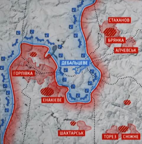 Карта российских и украинских войск в боях под Дебальцево