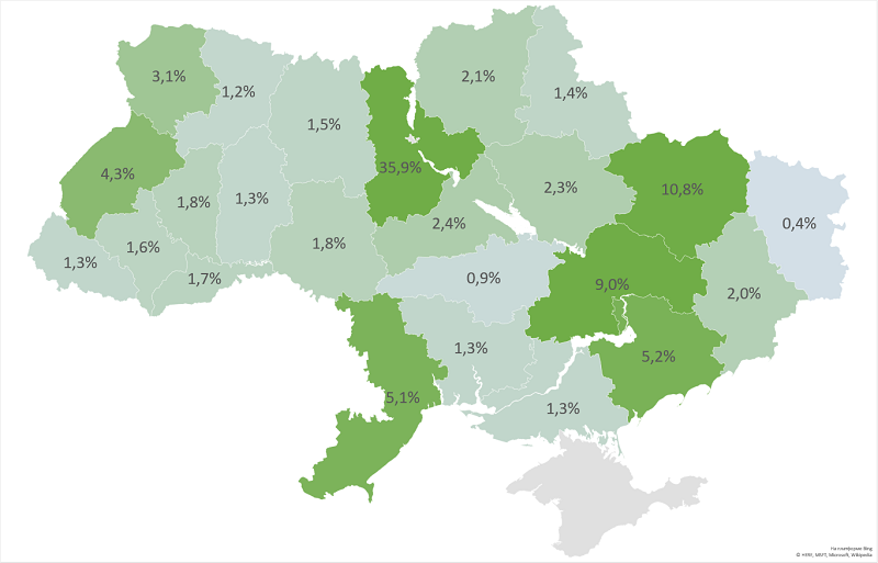 Карта відносного розподілу товарів з AliExpress по областям України