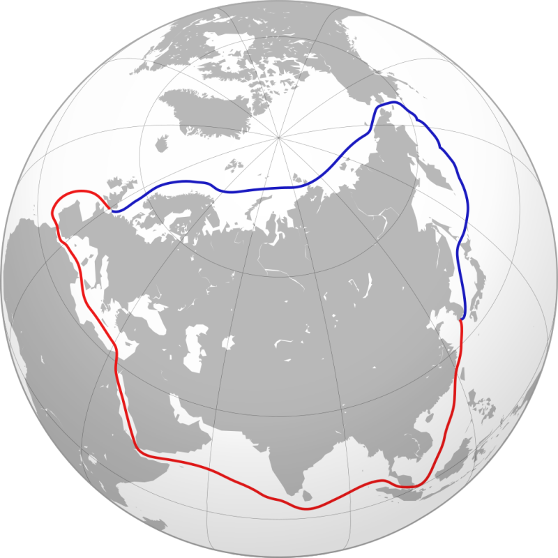 Маршрут транспортування вантажів з Далекого Сходу до Європи з використанням Північного морського шляху та альтернативний шлях, що використовує Суецький канал