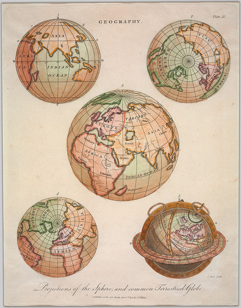 Proyecciones del siglo XIX del globo terrestre, a partir de las Colecciones Digitales de la UBC Library